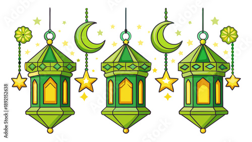 Green islamic lanterns with stars and moons