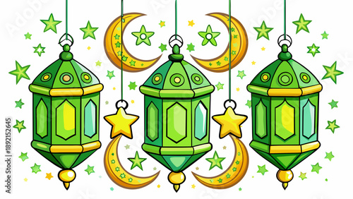 Green lanterns and crescent moons illustration