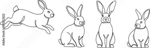Rabbit line art illustration set with jumping and sitting bunny poses, clean outline animal drawings ideal for coloring pages, kids design, nursery art, stickers, and vector projects