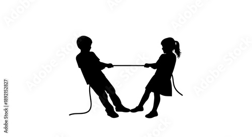 Silhouette of two children playing tug of war on white background.