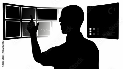 Futuristic tech engineer operating abstract interface with multiple screens and controls