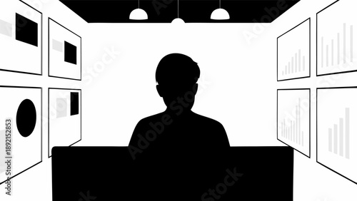 Futuristic digital illustration of a young person in a room with multiple screens and data visualizations