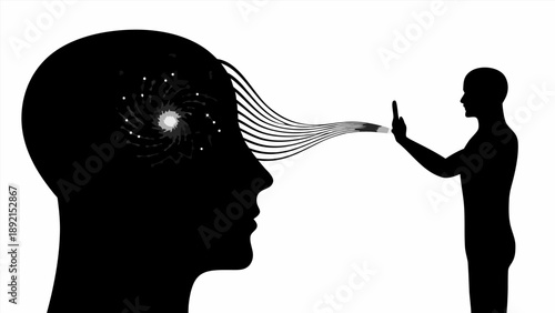 Silhouette of person with glowing brain waves being controlled by another person