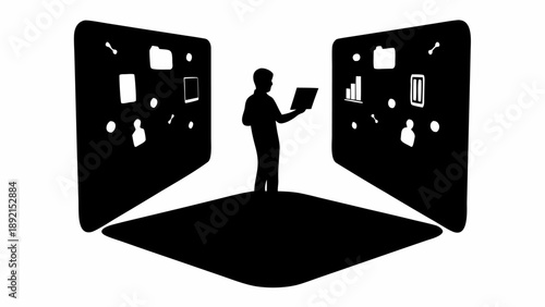 Modern digital learning scene with a person interacting with virtual screens