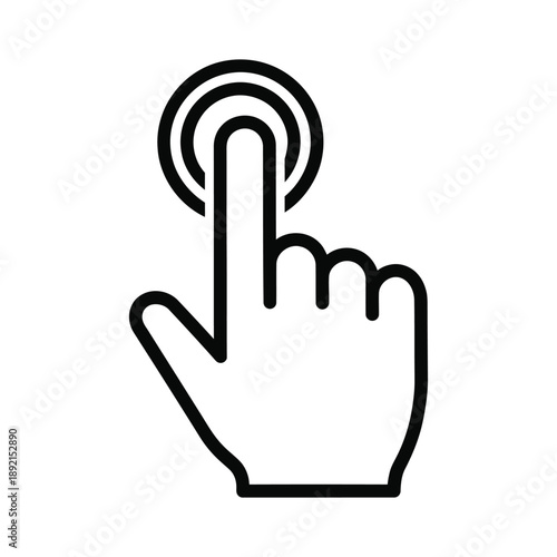 Silhouette line art of a hand clicking a button with a ripple effect.