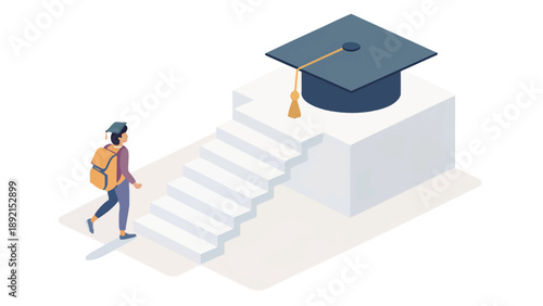 Student climbs stairs to graduation cap on pedestal symbolizing academic journey and achievement