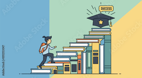 Student climbing book staircase to graduation success with star