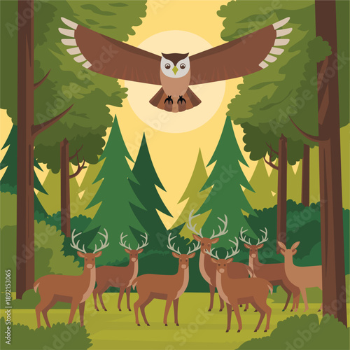 A owl with outstretched wings soars above a herd of deer gathered in a sunlit forest clearing with tall green trees and a warm yellow sky