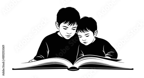 Two brothers reading a book together in black and white illustration.