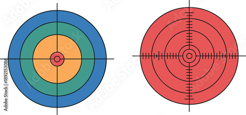 A pair of circular targets, one featuring concentric rings of blue green and orange with a central red dot and crosshairs, the other solid red with a detailed reticle