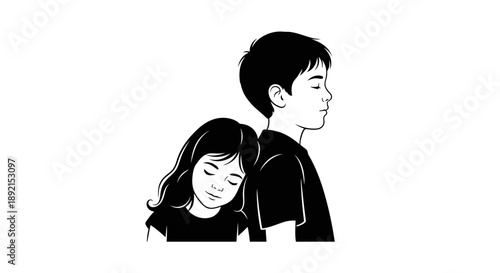 Illustration of a brother and sister standing back to back with eyes closed.