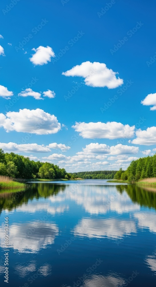 Obraz premium Calm Lake Reflections Green Trees Blue Sky