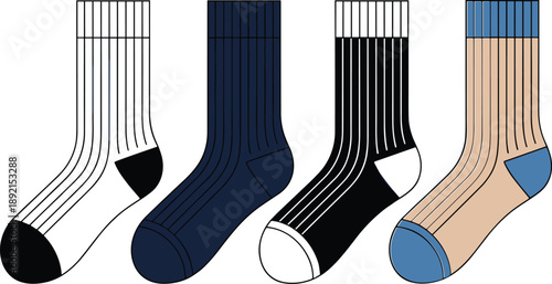 Collection of four stylized socks with ribbed patterns in black white navy and beige with blue accents