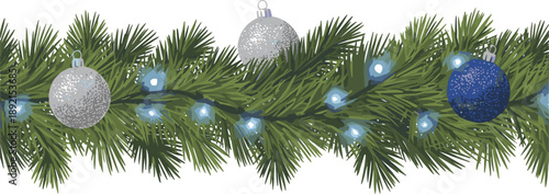 Festive Christmas garland border with pine branches, silver and blue ornaments, and bright blue string lights