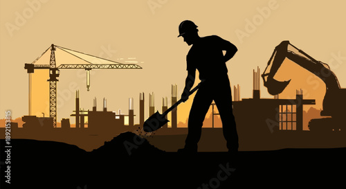 Construction worker silhouette digging with shovel at sunset with crane and excavator.