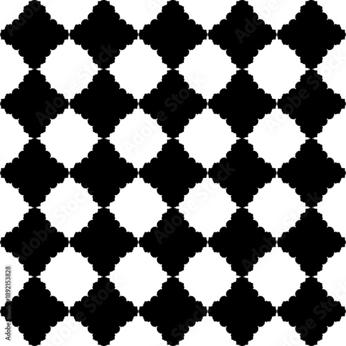 Seamless Black Geometric Scalloped Diamond Pattern Background with Abstract Symmetrical Repeating Decorative Linear Elements for Modern Design