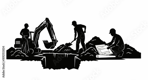 Construction workers and excavator digging a foundation for a building.