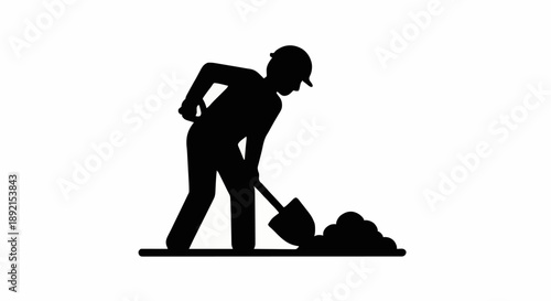 Construction worker silhouette digging with shovel.