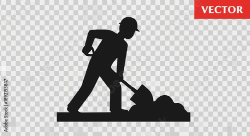 Construction worker silhouette digging with shovel on transparent background.