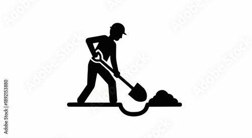 Construction worker digging with shovel silhouette icon.