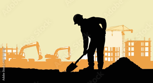 Construction worker digging with shovel silhouette at sunset.