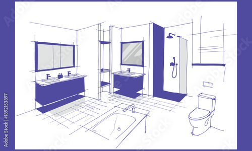 Hand-drawn of a modern bathroom interior featuring a bathtub, two sinks, a toilet, and a shower stall in purple and white