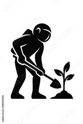 Silhouette of people planting trees various poses set collection. Family gardening and planting trees outdoor different poses silhouette set.