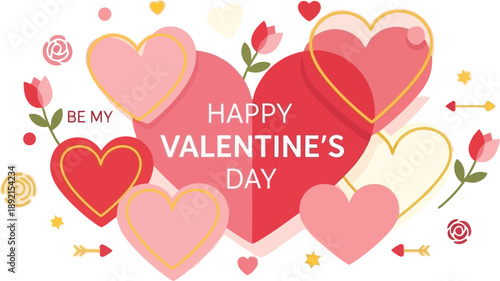 Happy Valentine's Day with Hearts and Roses Illustration