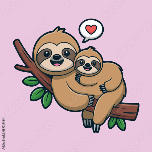 A heartwarming cartoon illustration of a loving mother sloth embracing her adorable baby sloth, both smiling happily while perched on a tree branch with a small heart icon above.