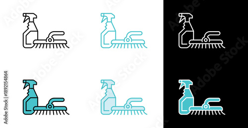 Spray bottle and window squeegee icon for glass cleaning and janitorial supplies in line and fill style