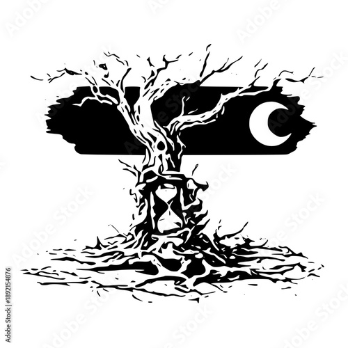 Bare tree under crescent moon with exposed roots and branches