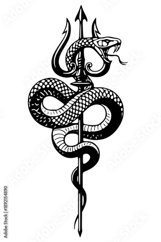 Fierce snake wrapped around trident with aggressive expression