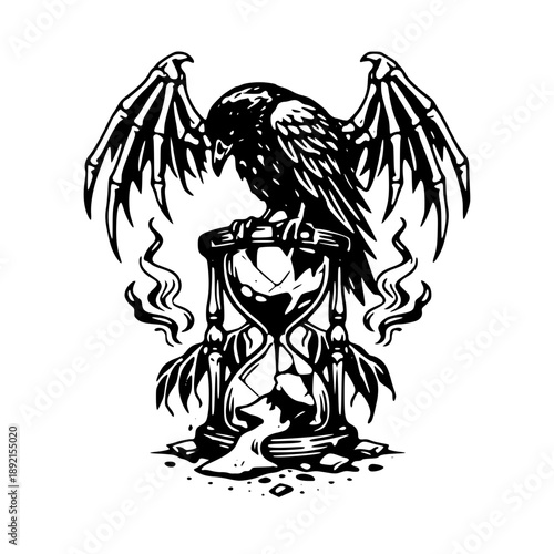 Dark bird perched on smoldering hourglass with wings spread