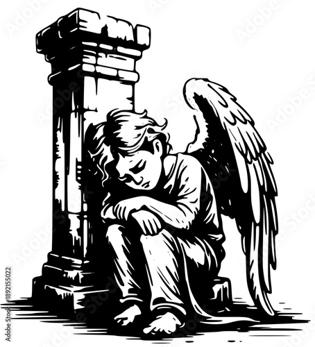 Sad angel sitting alone by ancient stone pillar in sorrow