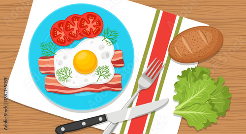 A delicious breakfast spread features a sunny-side-up egg, bacon, and tomatoes on a blue plate, served with a crusty bun and fresh lettuce on a striped napkin set against a textured wooden surface