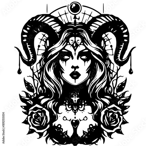 Mysterious woman with horns and roses illustration