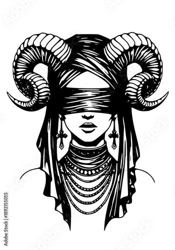 Mysterious woman with ram horns and blindfolded face