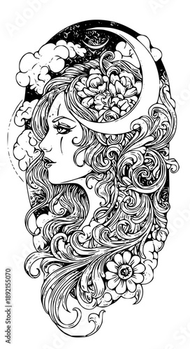 Mystical woman with flowing hair and crescent moon adorned with flowers
