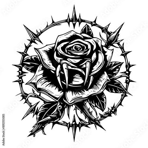 Vibrant black rose with sharp thorns and leaves design