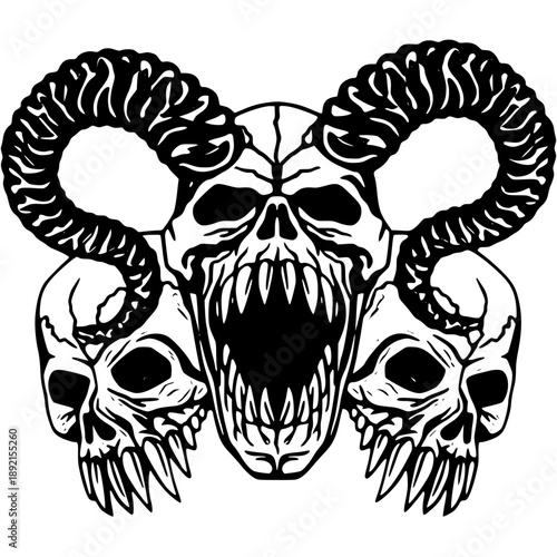 Terrifying three skulls with horns and sharp teeth
