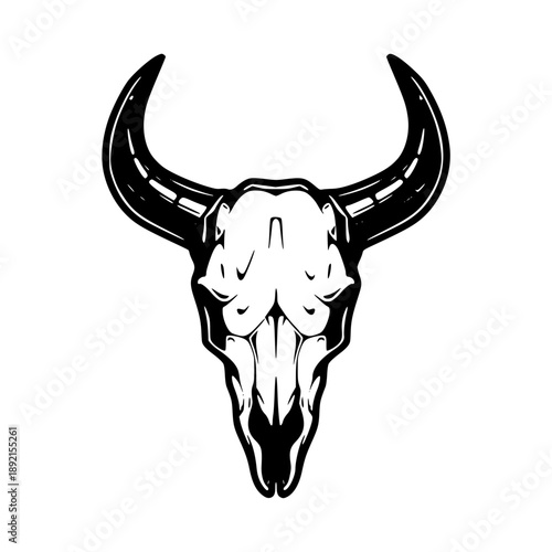 Stunning bull skull illustration with curved horns