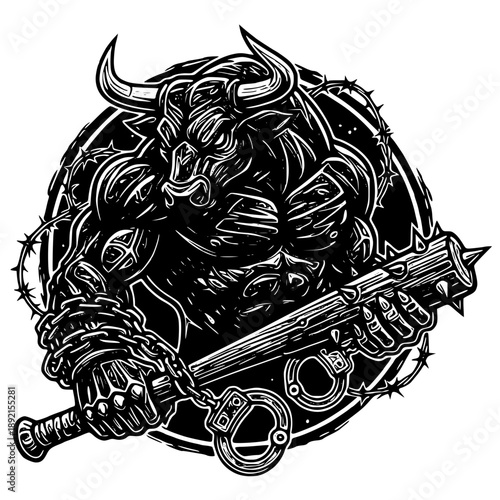 Muscular bull with chains and spiked club in aggressive stance