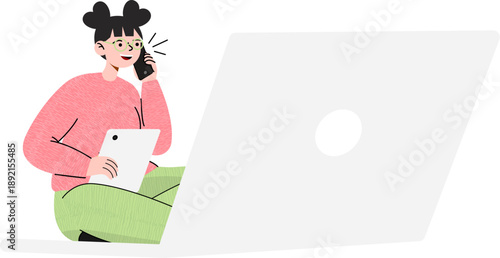 Young Woman Multitasking with Laptop Smartphone and Digital Tablet Flat Style