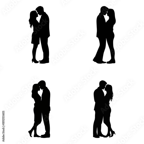 Silhouette set of couple kissing and hugging in various romantic poses