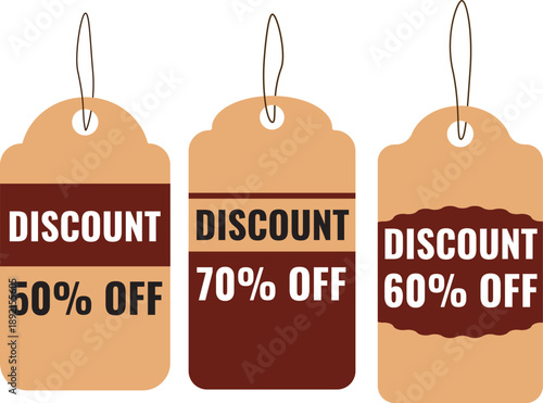 Discount Price Tags Set  50%, 60%, 70% Off Sale Labels