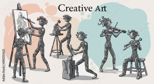 Creative Art Studio Scene with Artists Engaged in Various Disciplines.