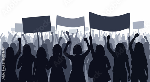 Crowd of people protesting with signs and banners.