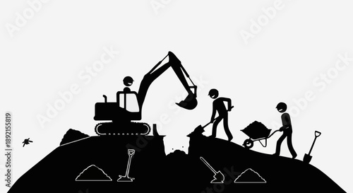 Construction workers and excavator working on a site.