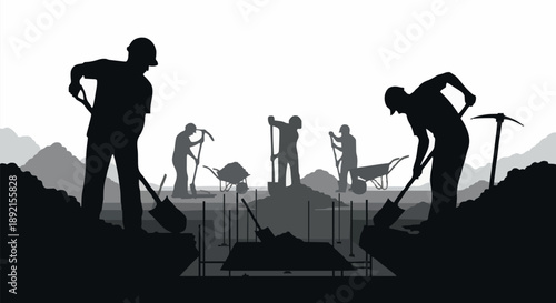 Construction workers digging and building a foundation silhouette.