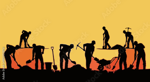 Construction workers digging and moving dirt at sunset silhouette.